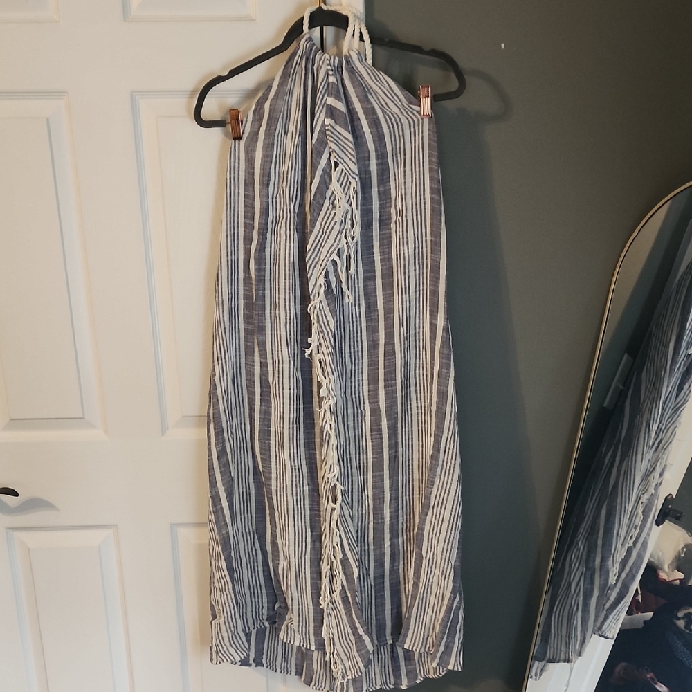 Striped Fringe Scarf dress - Blue and White